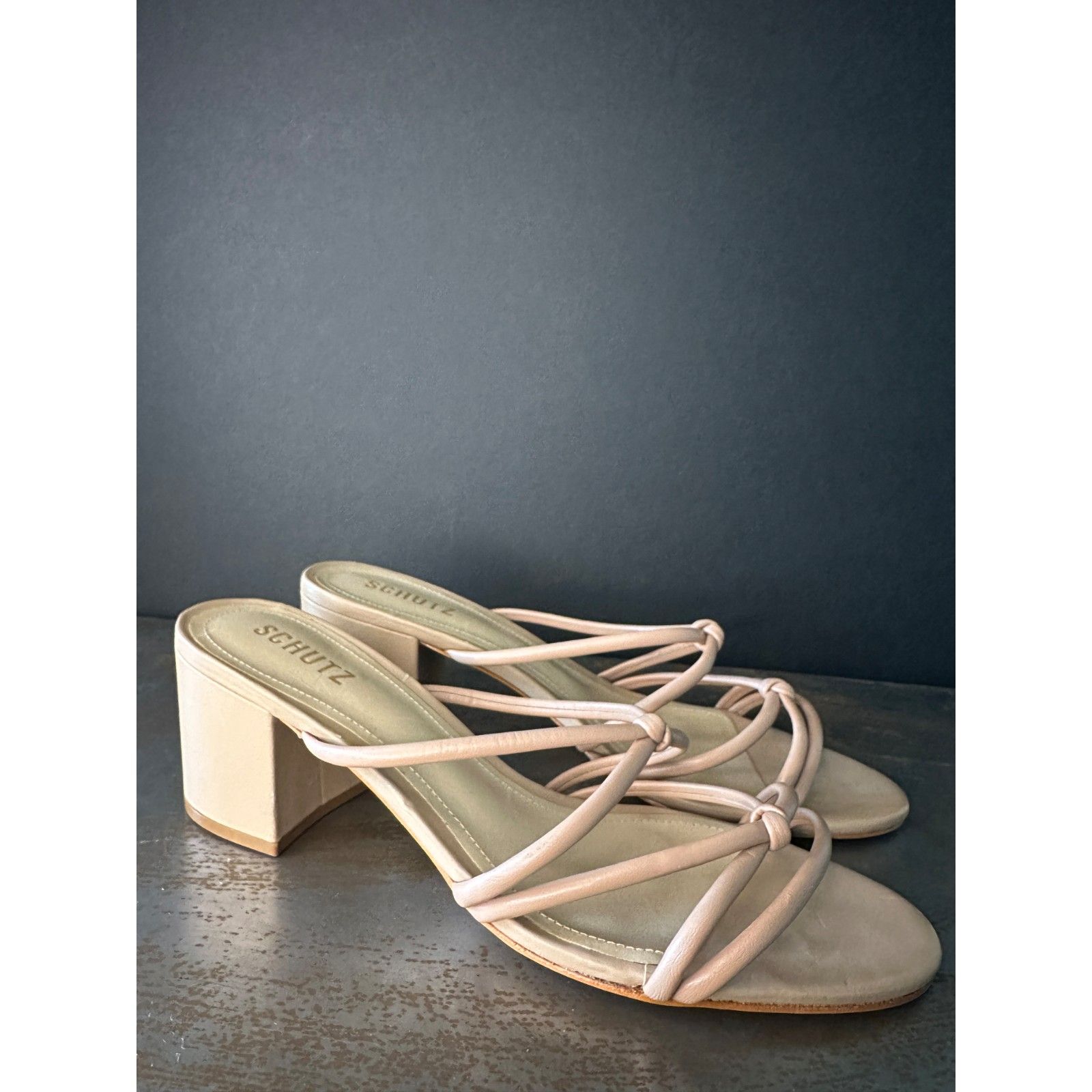 Schutz Slide Sandals 9.5 Mid Heel Minimalist Wedding Vacation Nude Tan Princey